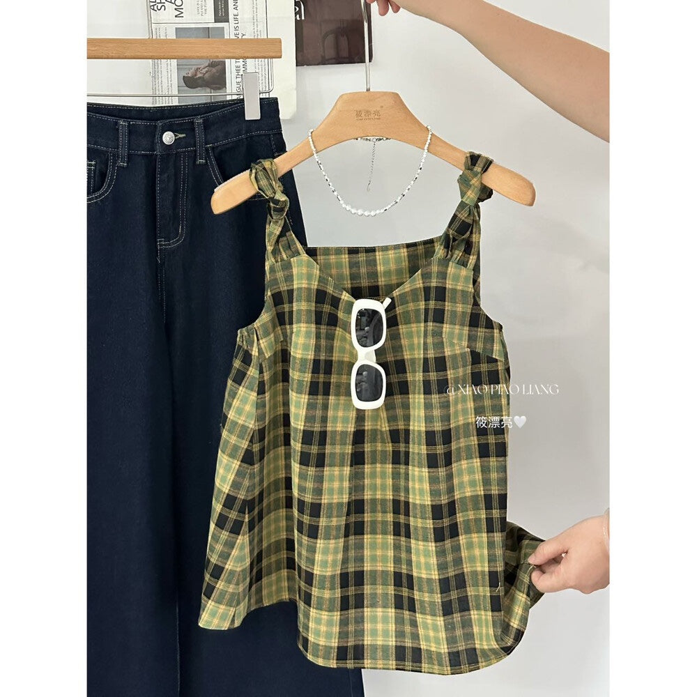 【新品】3356 复古格子吊带上衣