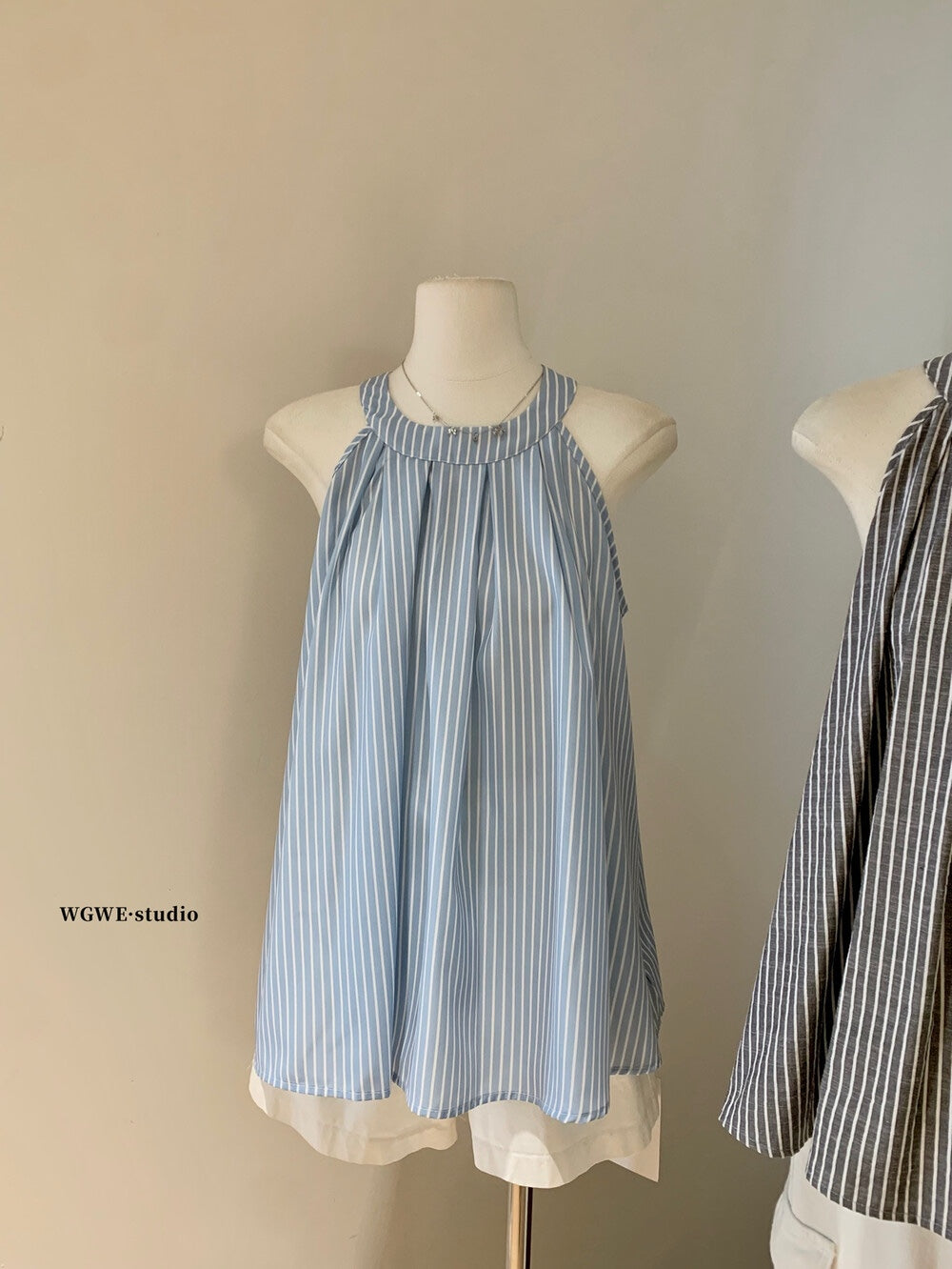 【新品】w6335 法式条纹挂脖上衣
