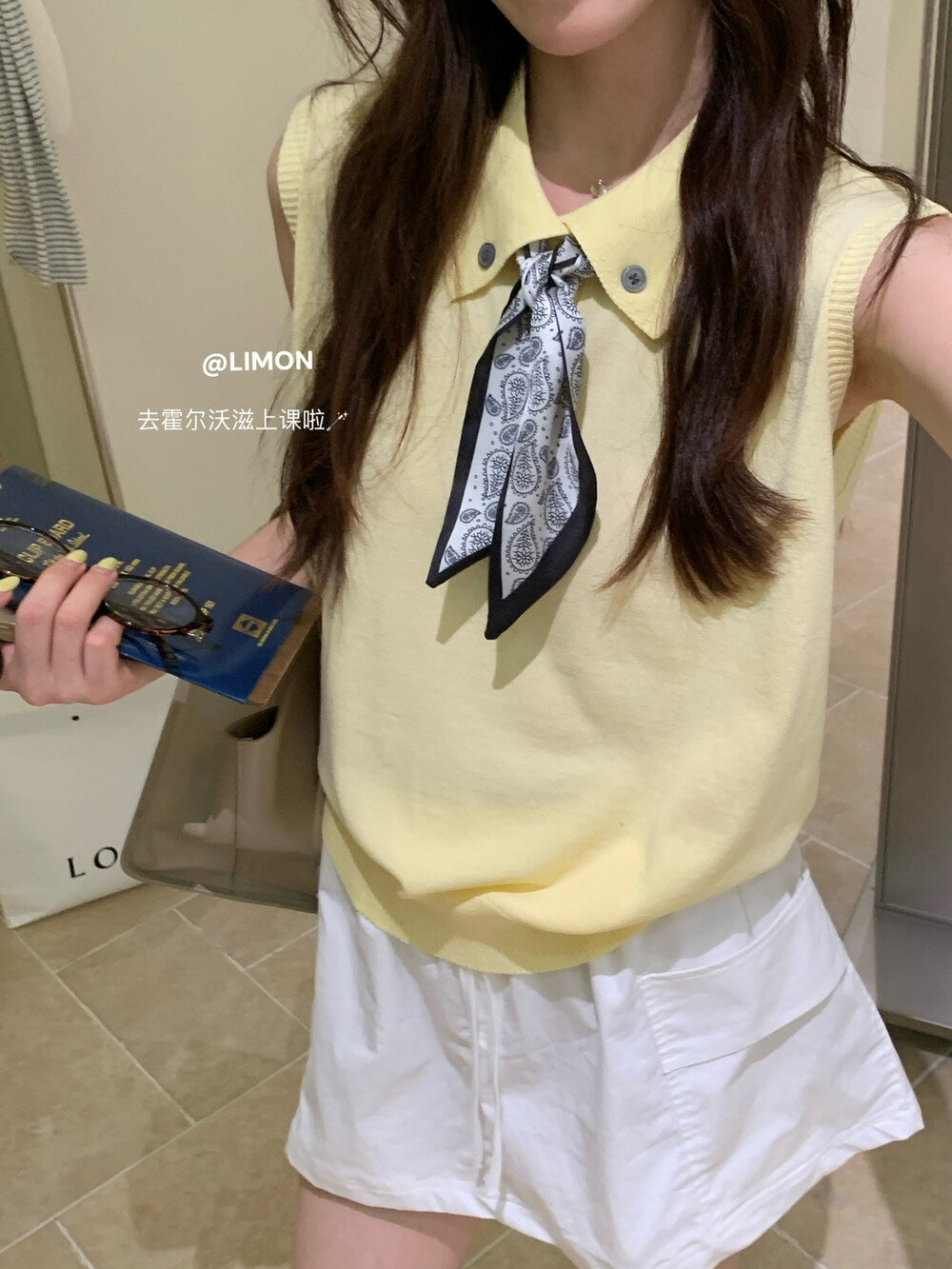 【新品】8228 少女感Polo领仿亚麻针织衫(配丝巾)