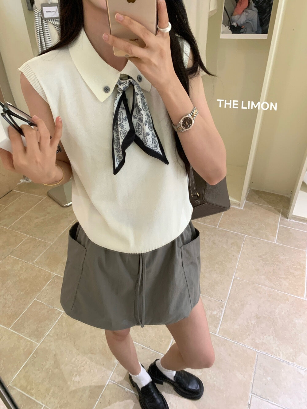 【新品】8228 少女感Polo领仿亚麻针织衫(配丝巾)
