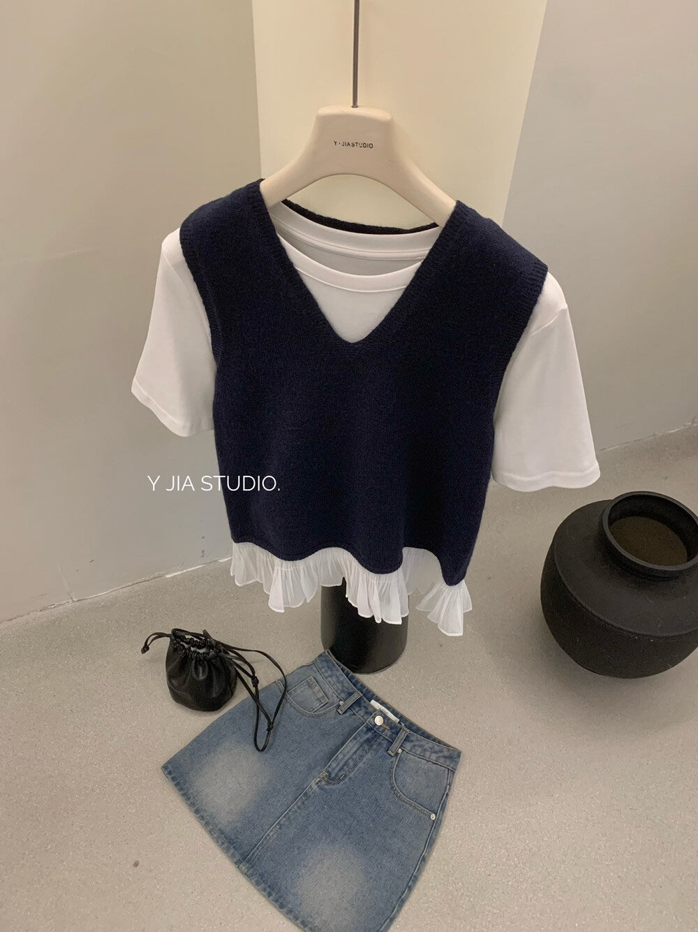 【新品】508-5 层次感假两件蕾丝下摆无袖上衣