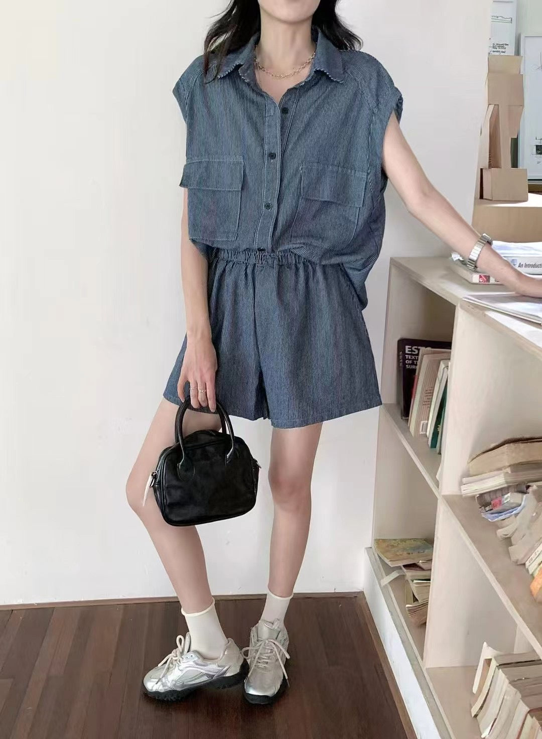 【新品】9788 韩系牛仔条纹两件套 上衣+裤子