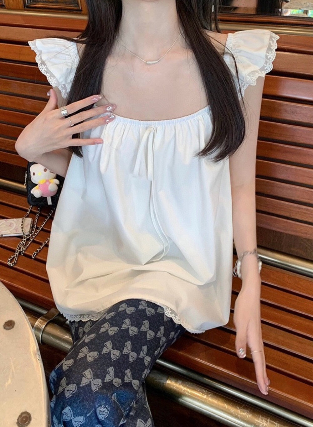 【新品】W6394 高级感小飞袖蕾丝边上衣
