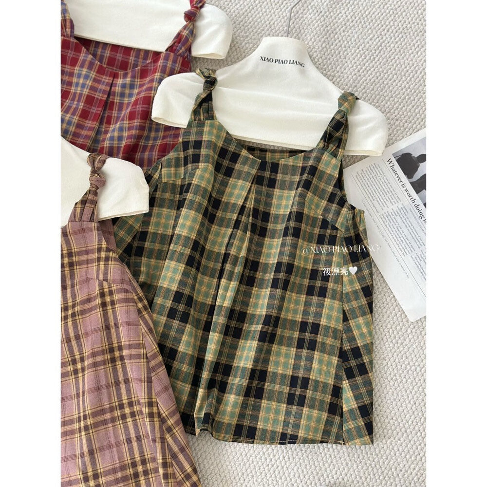 【新品】3356 复古格子吊带上衣