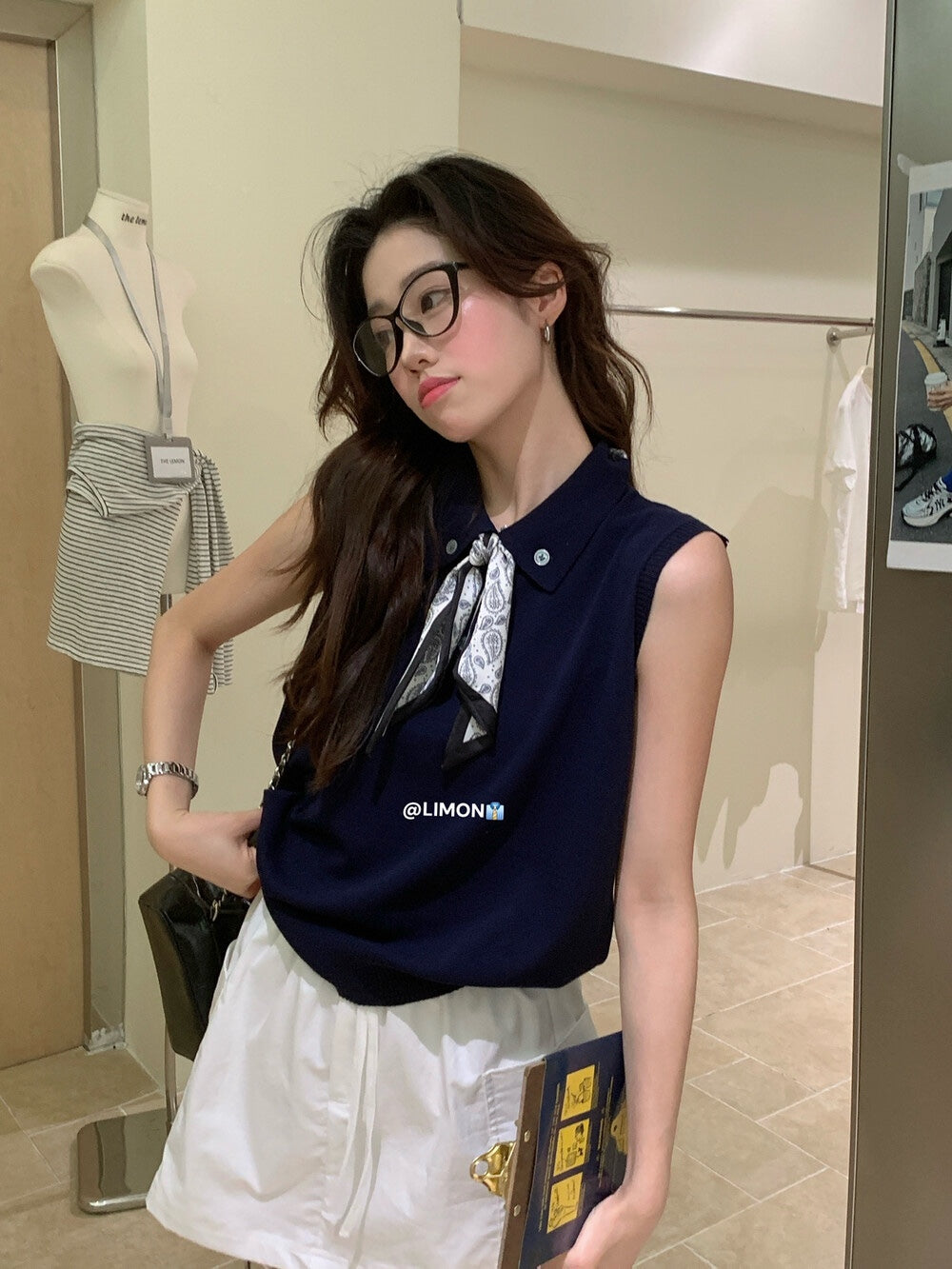 【新品】8228 少女感Polo领仿亚麻针织衫(配丝巾)