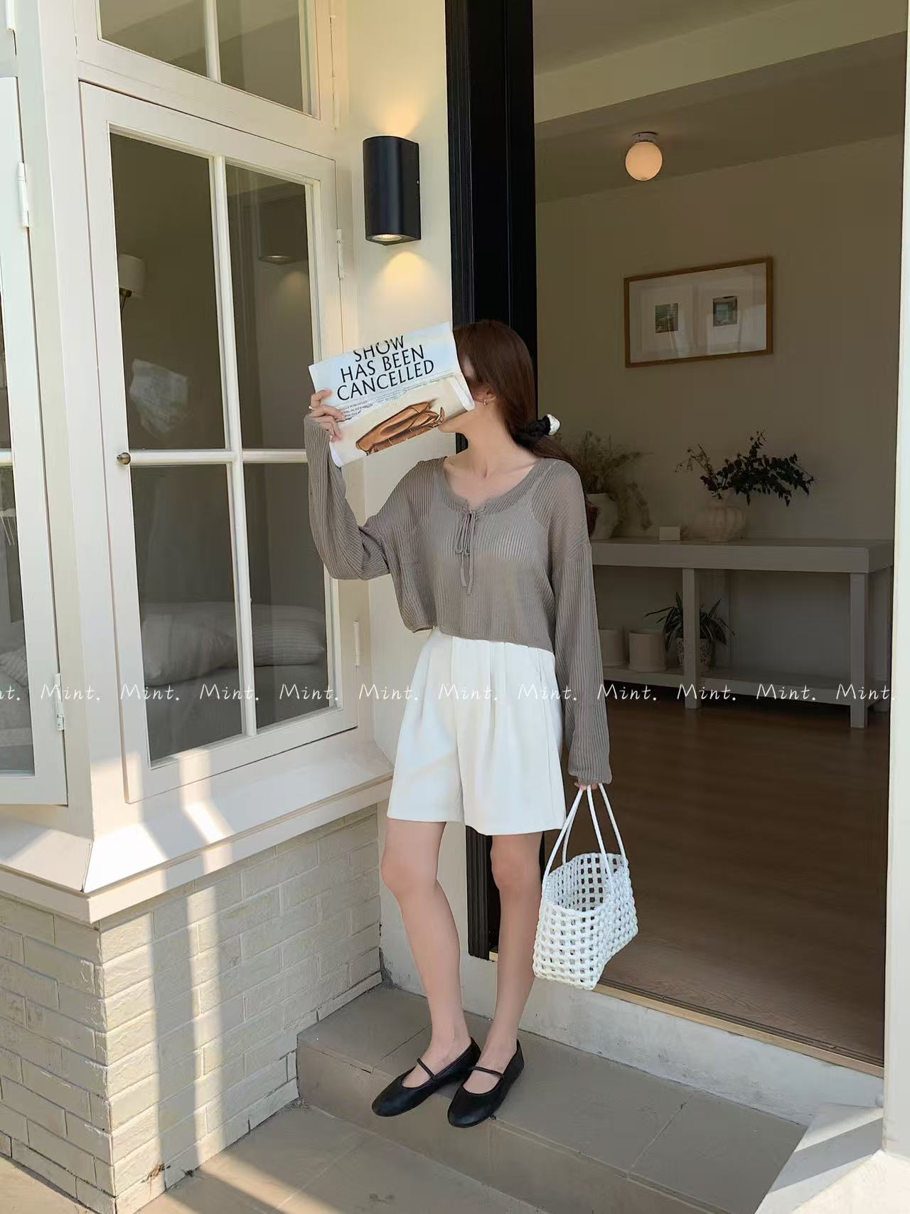 【新品】5163 韩系交叉系带针织上衣