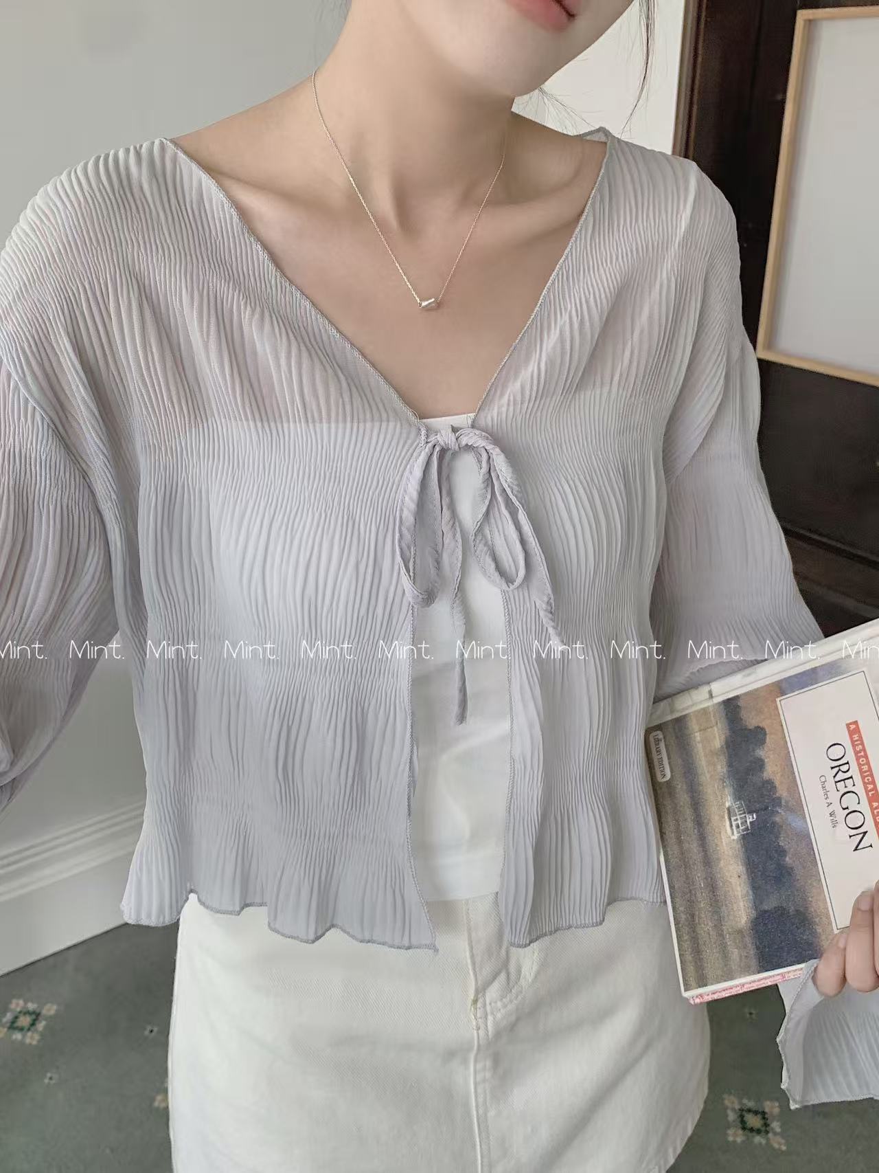【新品】8067 韩系雪纺系带褶皱开衫外套