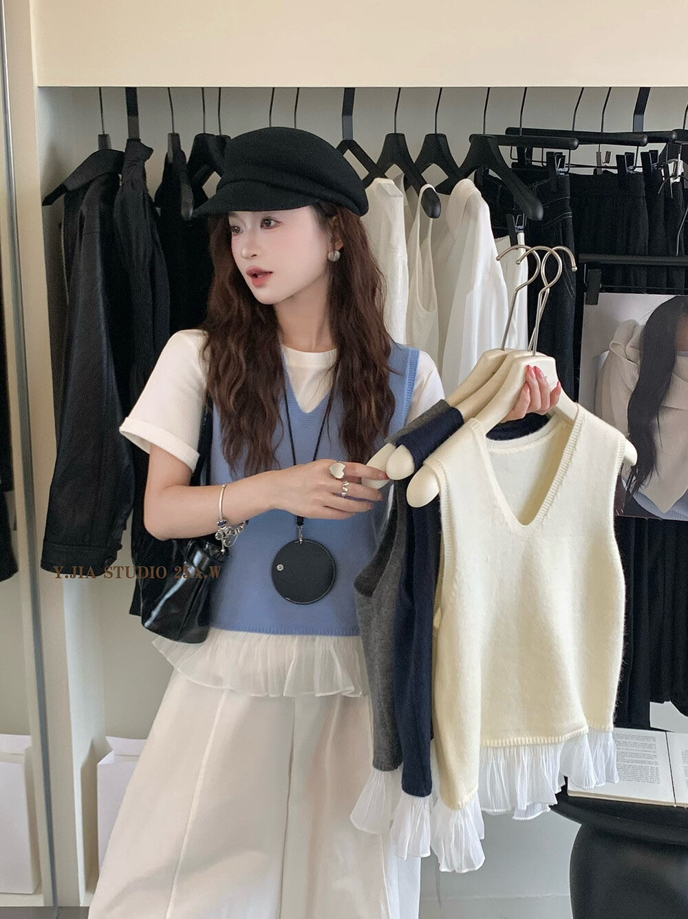 【新品】508-5 层次感假两件蕾丝下摆无袖上衣