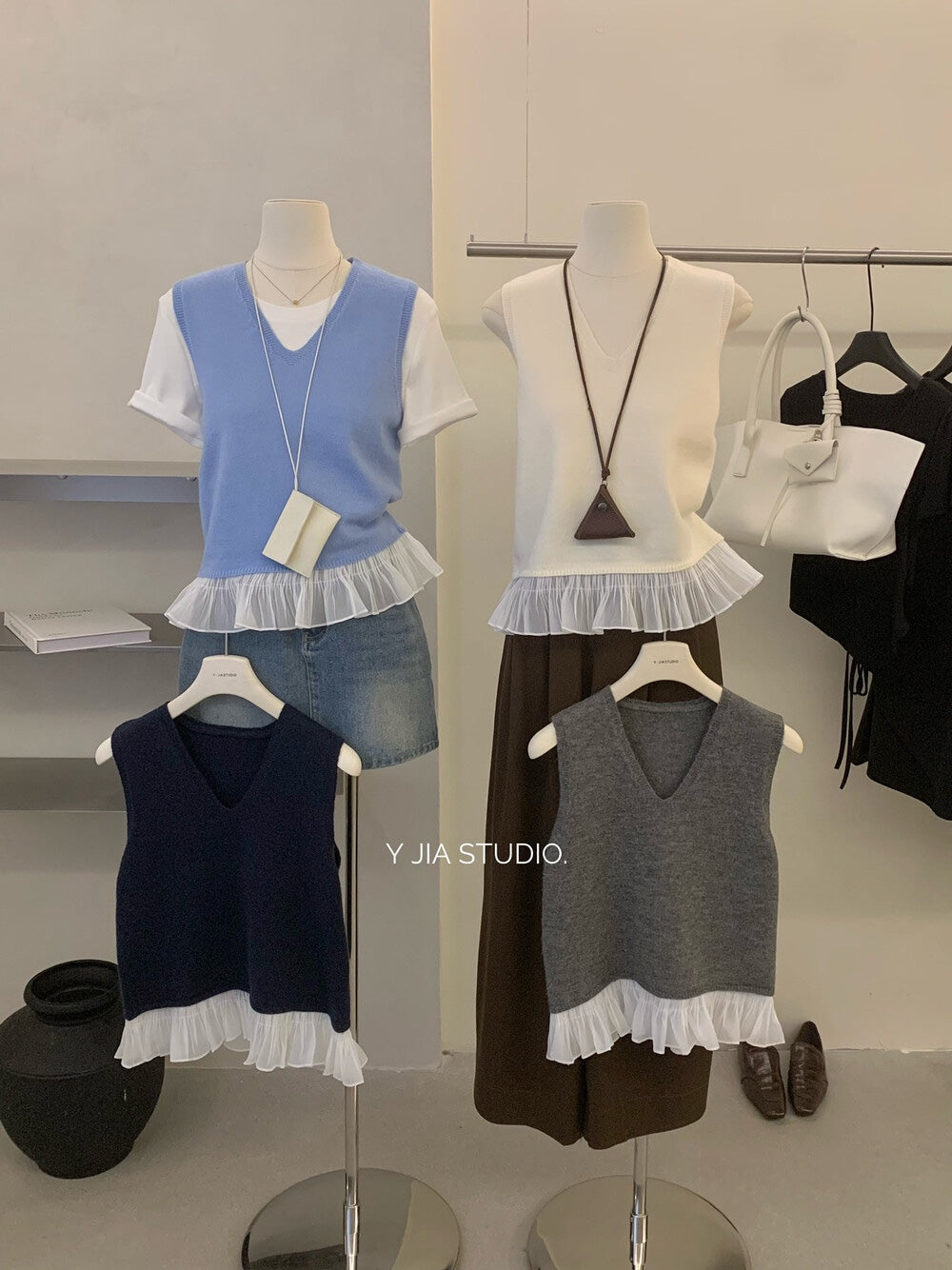 【新品】508-5 层次感假两件蕾丝下摆无袖上衣