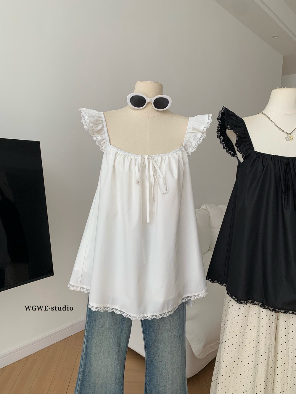 【新品】W6394 高级感小飞袖蕾丝边上衣