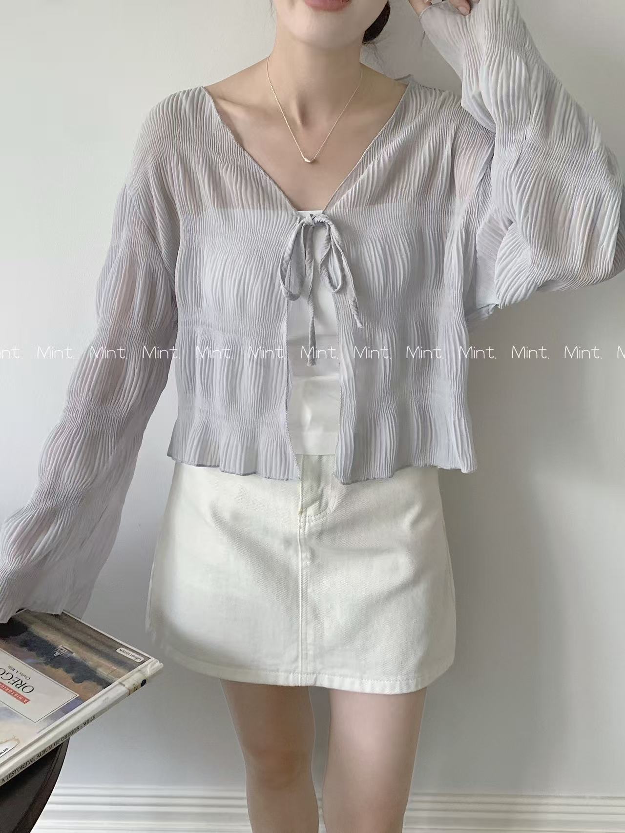 【新品】8067 韩系雪纺系带褶皱开衫外套