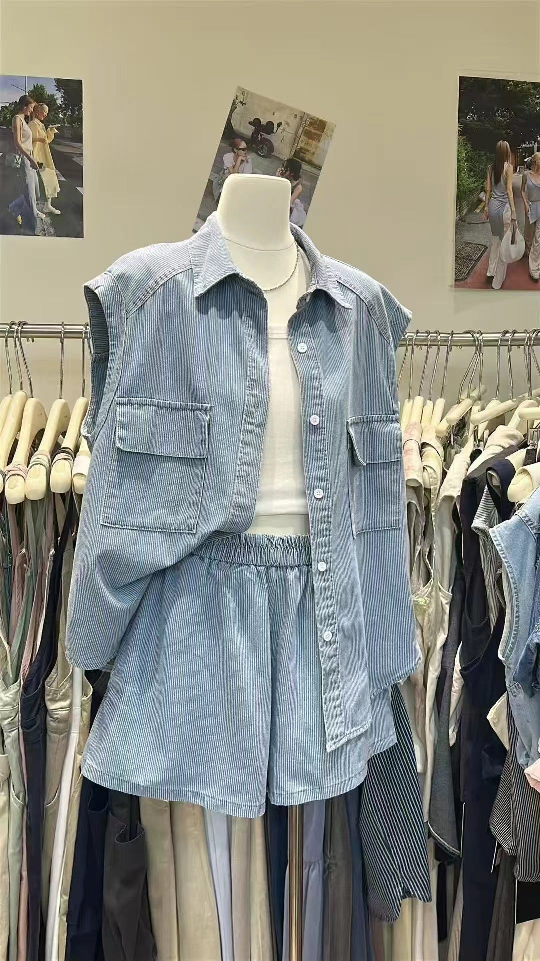 【新品】9788 韩系牛仔条纹两件套 上衣+裤子