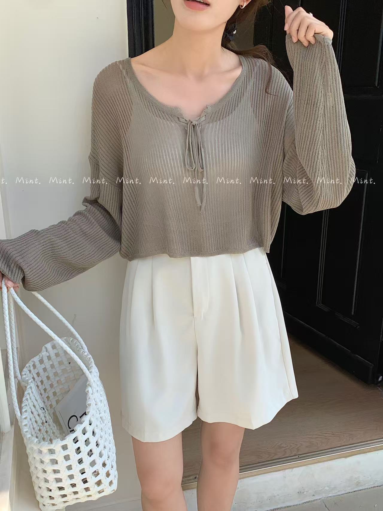 【新品】5163 韩系交叉系带针织上衣