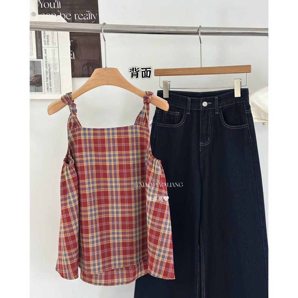 【新品】3356 复古格子吊带上衣