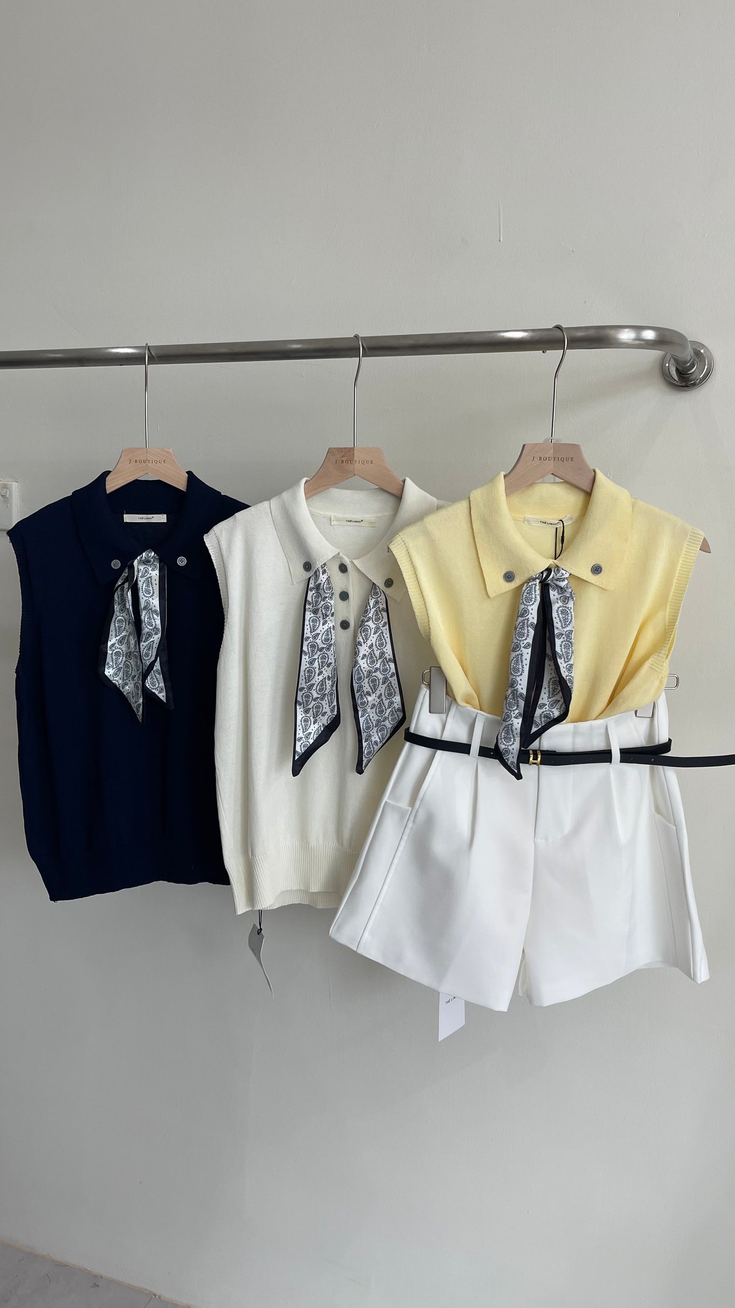 【新品】8228 少女感Polo领仿亚麻针织衫(配丝巾)