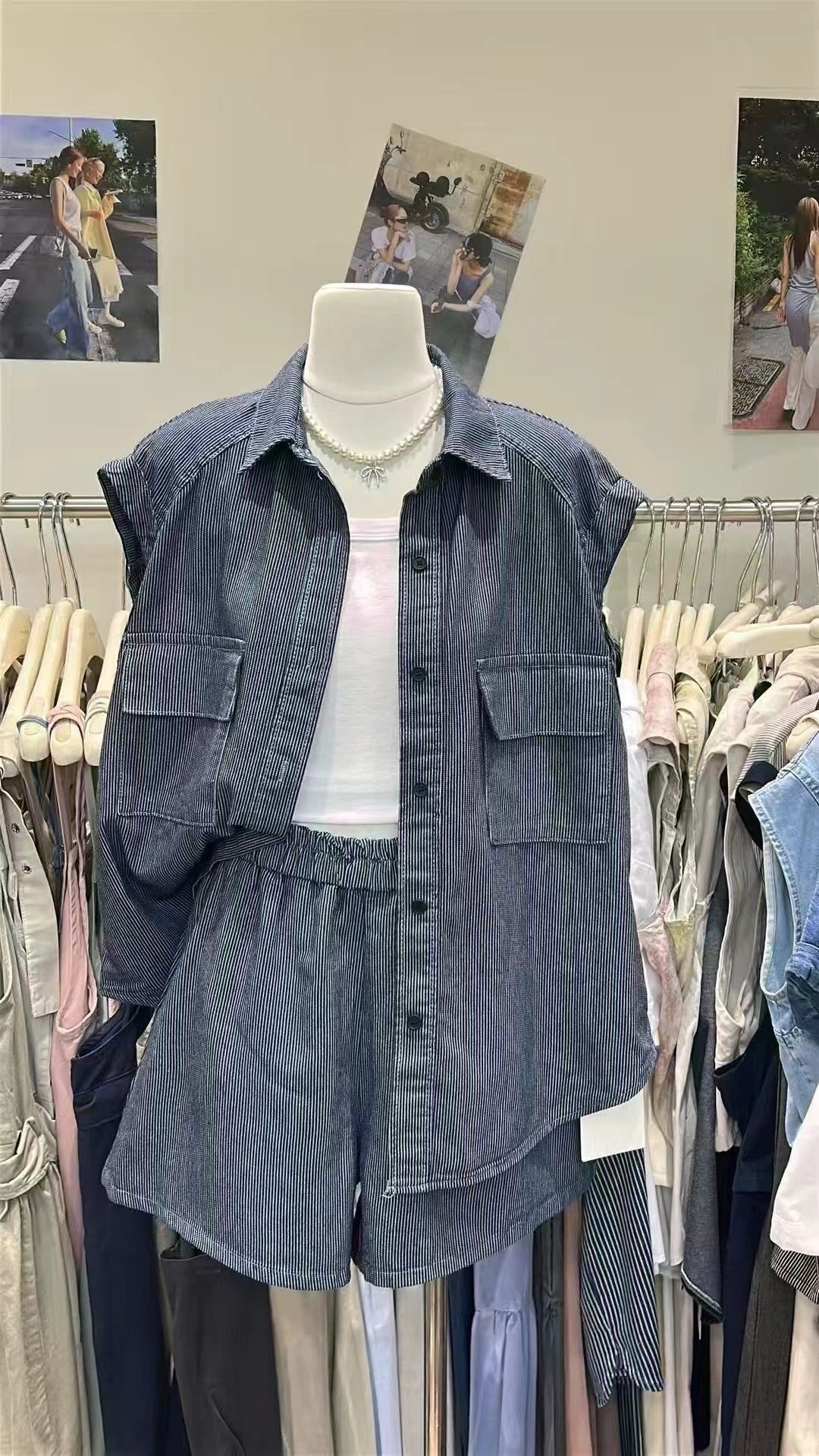 【新品】9788 韩系牛仔条纹两件套 上衣+裤子