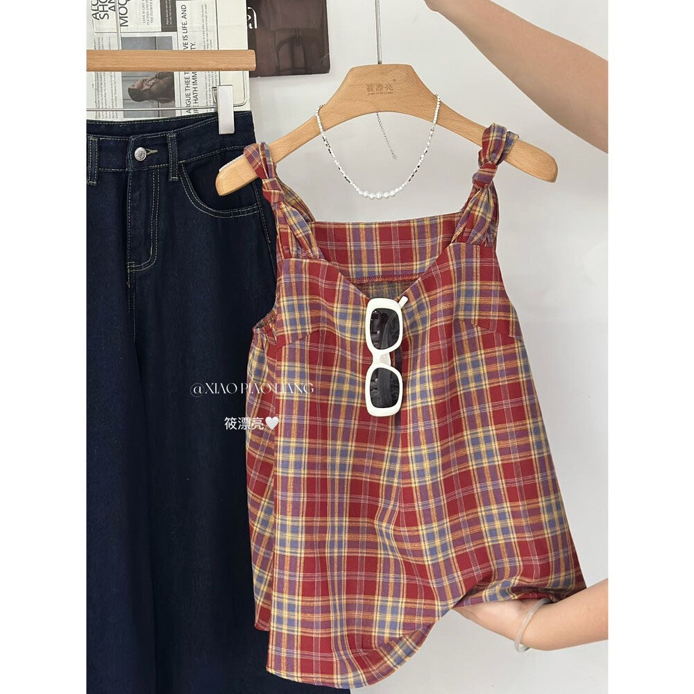 【新品】3356 复古格子吊带上衣