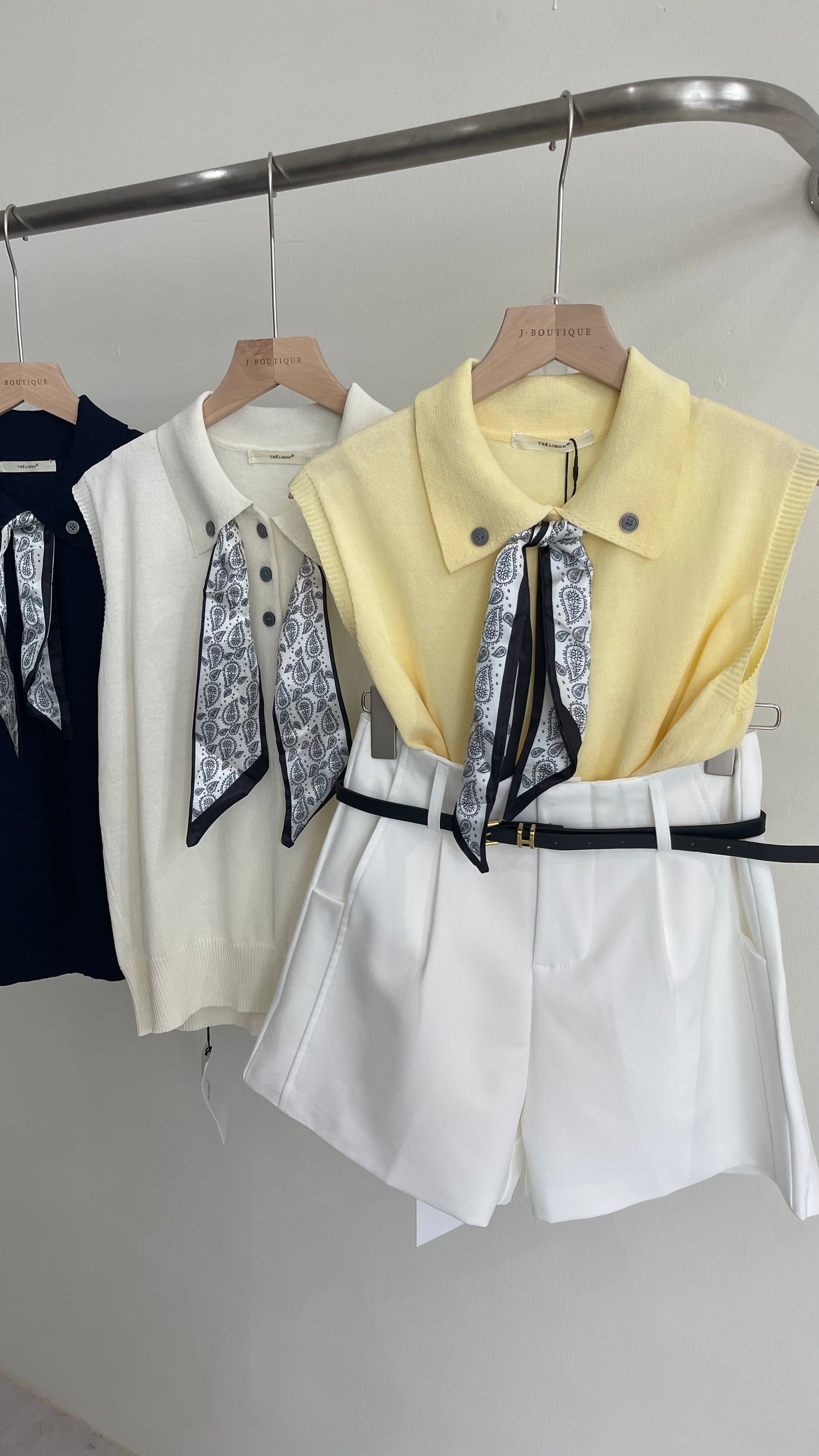 【新品】8228 少女感Polo领仿亚麻针织衫(配丝巾)