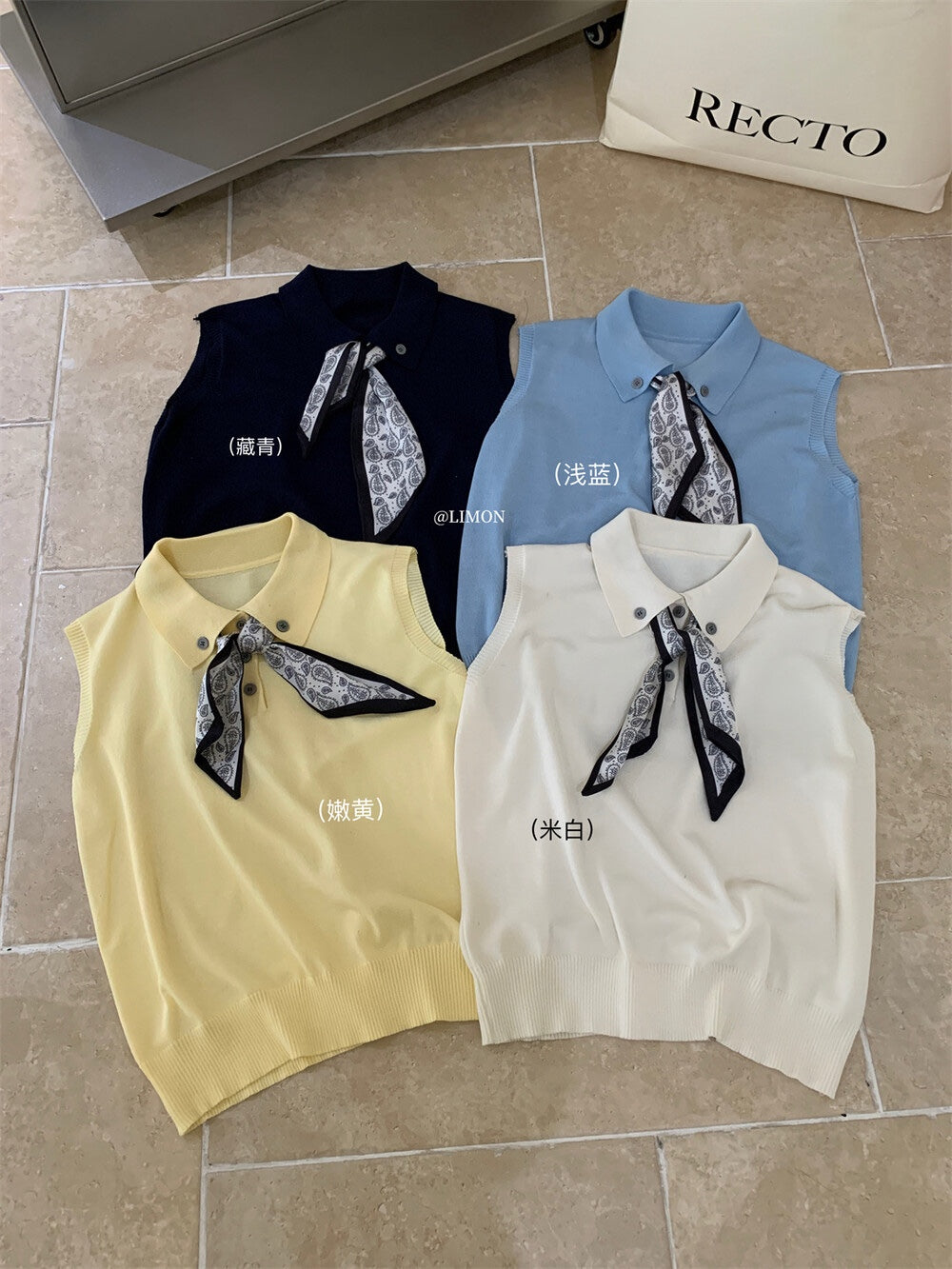 【新品】8228 少女感Polo领仿亚麻针织衫(配丝巾)
