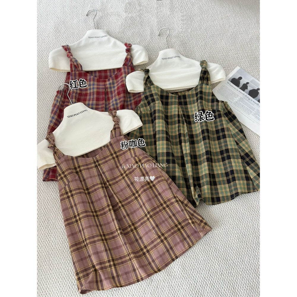 【新品】3356 复古格子吊带上衣