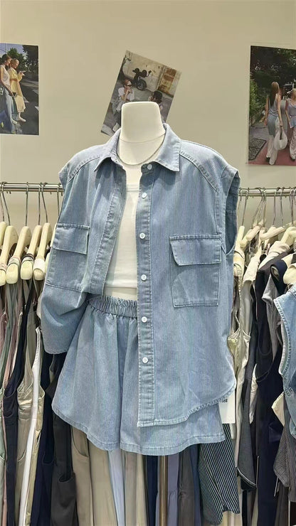 【新品】9788 韩系牛仔条纹两件套 上衣+裤子