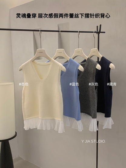 【新品】508-5 层次感假两件蕾丝下摆无袖上衣