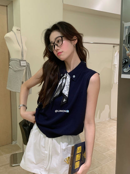【新品】8228 少女感Polo领仿亚麻针织衫(配丝巾)