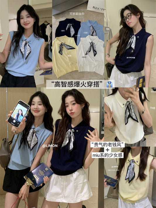 【新品】8228 少女感Polo领仿亚麻针织衫(配丝巾)