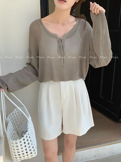 【新品】5163 韩系交叉系带针织上衣