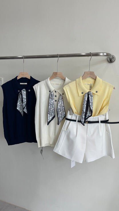【新品】8228 少女感Polo领仿亚麻针织衫(配丝巾)