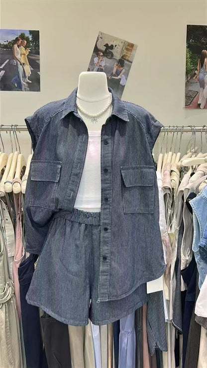 【新品】9788 韩系牛仔条纹两件套 上衣+裤子