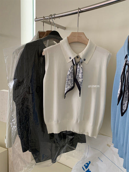 【新品】8228 少女感Polo领仿亚麻针织衫(配丝巾)