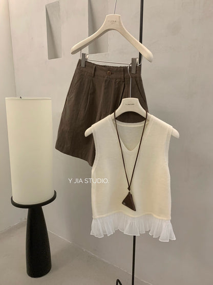 【新品】508-5 层次感假两件蕾丝下摆无袖上衣