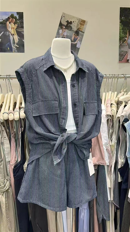 【新品】9788 韩系牛仔条纹两件套 上衣+裤子