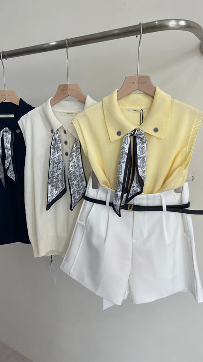 【新品】8228 少女感Polo领仿亚麻针织衫(配丝巾)