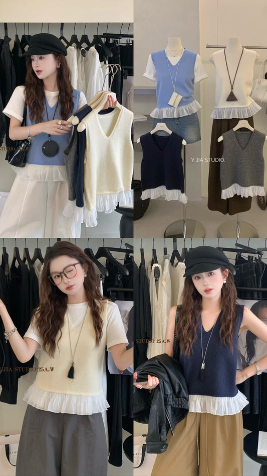 【新品】508-5 层次感假两件蕾丝下摆无袖上衣
